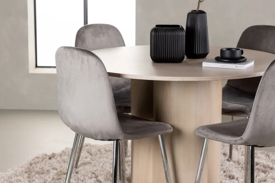 Ümmargune valge peitsiga söögilaud Olivia ja hall velvetkattega tool Eva, GR23800 – 5