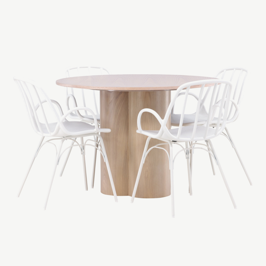 Ümmargune valge peitsiga söögilaud Olivia ja neli valget Dyrön tooli, GR23068 – 4