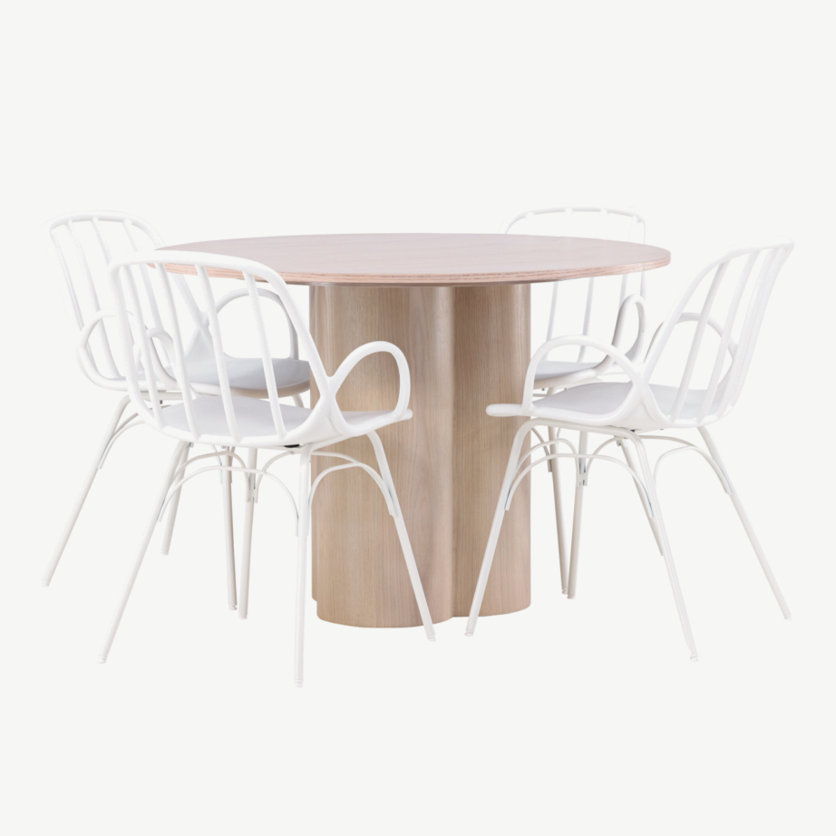 Ümmargune valge peitsiga söögilaud Olivia ja neli valget Dyrön tooli, GR23068