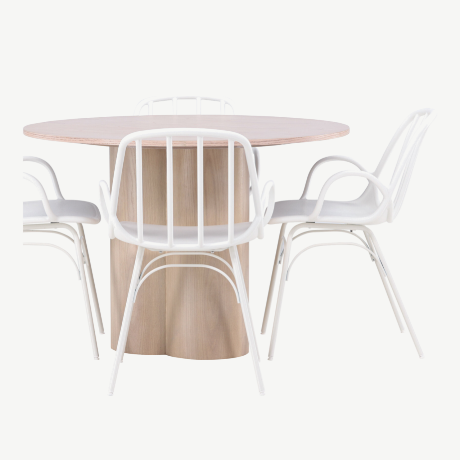 Ümmargune valge peitsiga söögilaud Olivia ja neli valget Dyrön tooli, GR23068 – 7