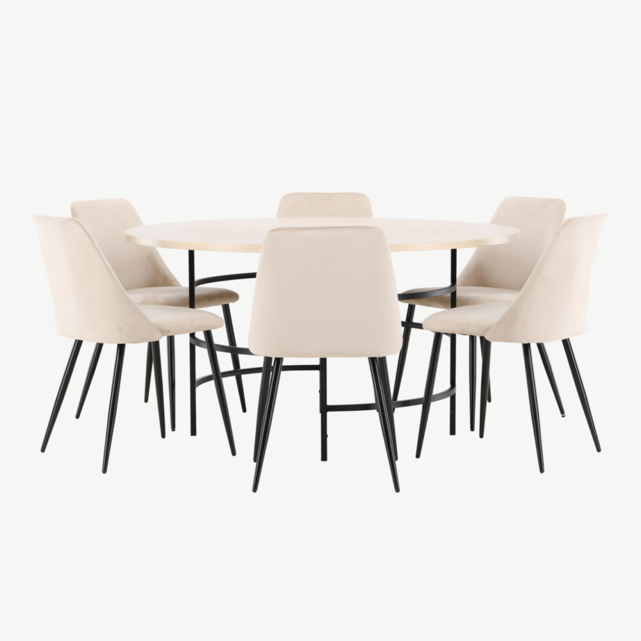 Ümmargune valge söögilauakomplekt: Copenhagen laud (140 cm) ja 6 beeži Night samettooliga, GR24756