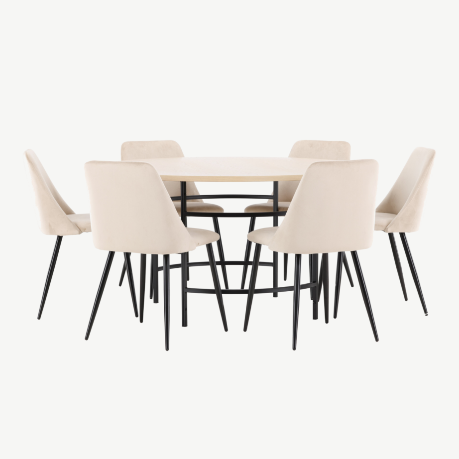 Ümmargune valge söögilauakomplekt: Copenhagen laud (140 cm) ja 6 beeži Night samettooliga, GR24756 – 2