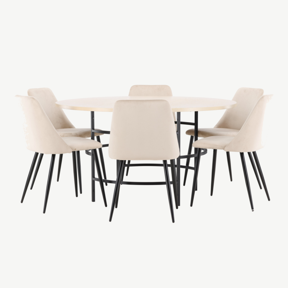 Ümmargune valge söögilauakomplekt: Copenhagen laud (140 cm) ja 6 beeži Night samettooliga, GR24756 – 3