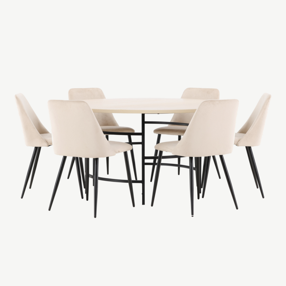 Ümmargune valge söögilauakomplekt: Copenhagen laud (140 cm) ja 6 beeži Night samettooliga, GR24756 – 4