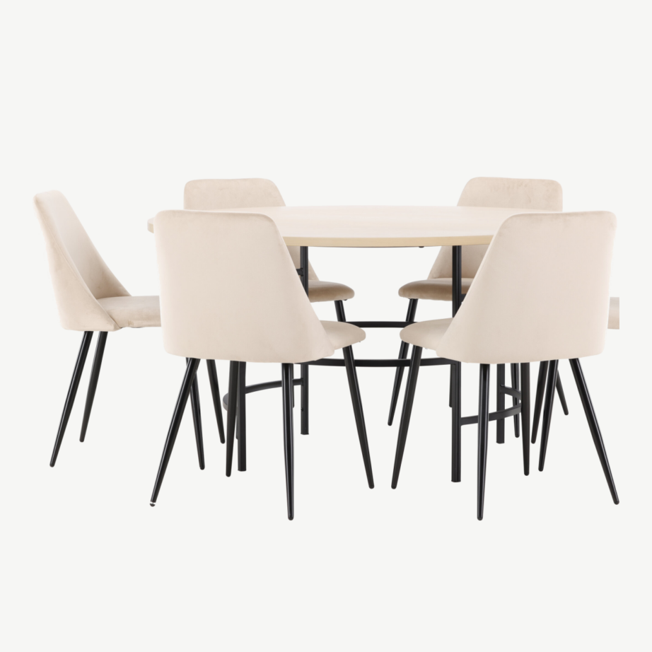 Ümmargune valge söögilauakomplekt: Copenhagen laud (140 cm) ja 6 beeži Night samettooliga, GR24756 – 6