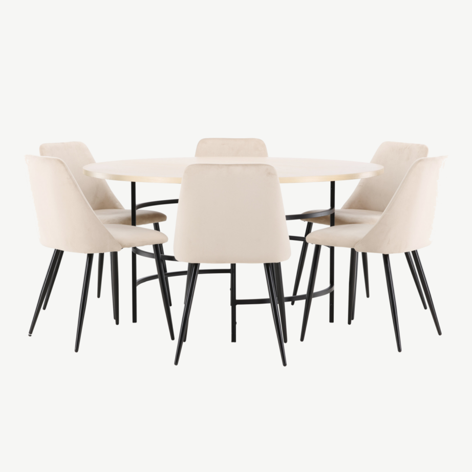 Ümmargune valge söögilauakomplekt: Copenhagen laud (140 cm) ja 6 beeži Night samettooliga, GR24756 – 7