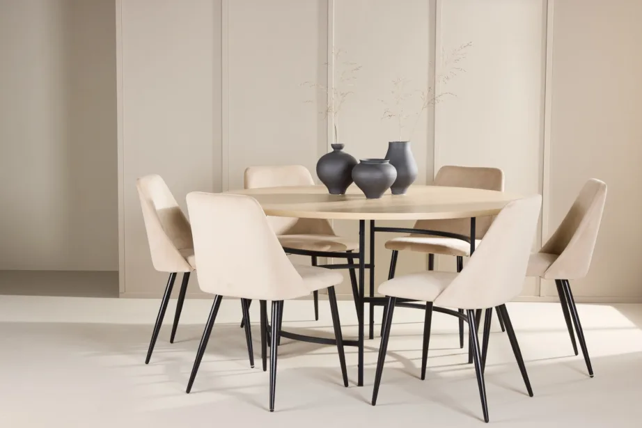 Ümmargune valge söögilauakomplekt: Copenhagen laud (140 cm) ja 6 beeži Night samettooliga, GR24756 – 8