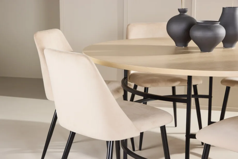 Ümmargune valge söögilauakomplekt: Copenhagen laud (140 cm) ja 6 beeži Night samettooliga, GR24756 – 9