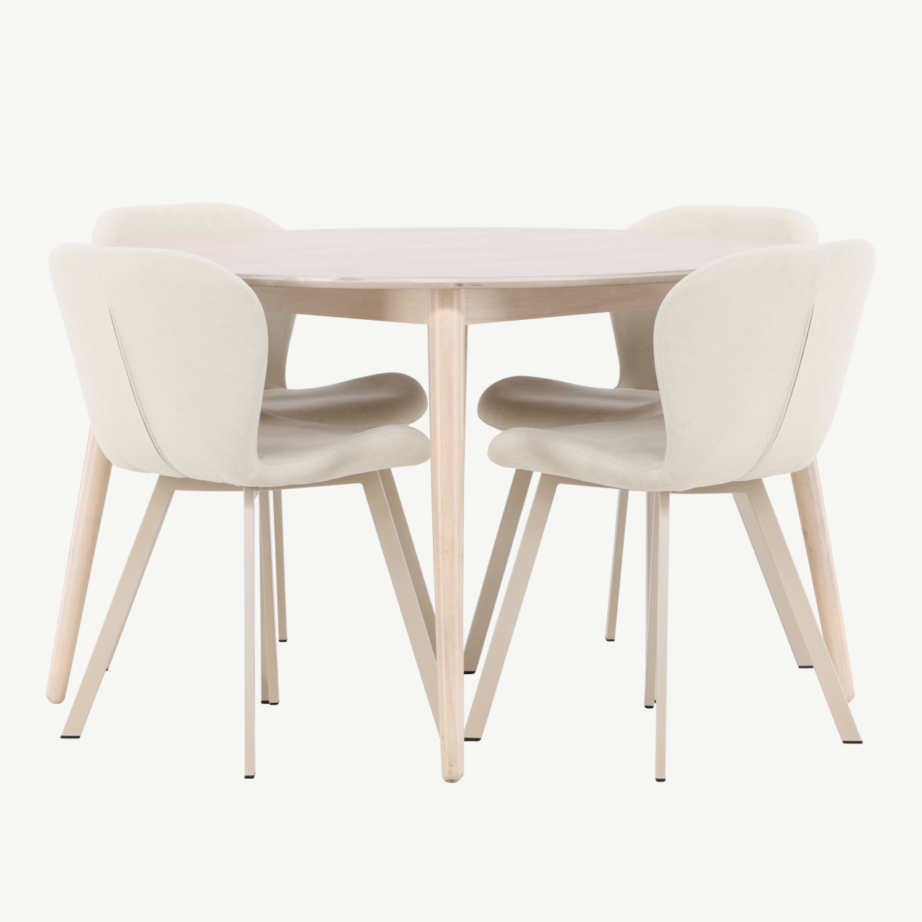 Ümmargune valge söögilauakomplekt Flora ja 4 beeži Lilja tooliga, GR24724