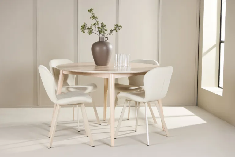 Ümmargune valge söögilauakomplekt Flora ja 4 beeži Lilja tooliga - GR24724