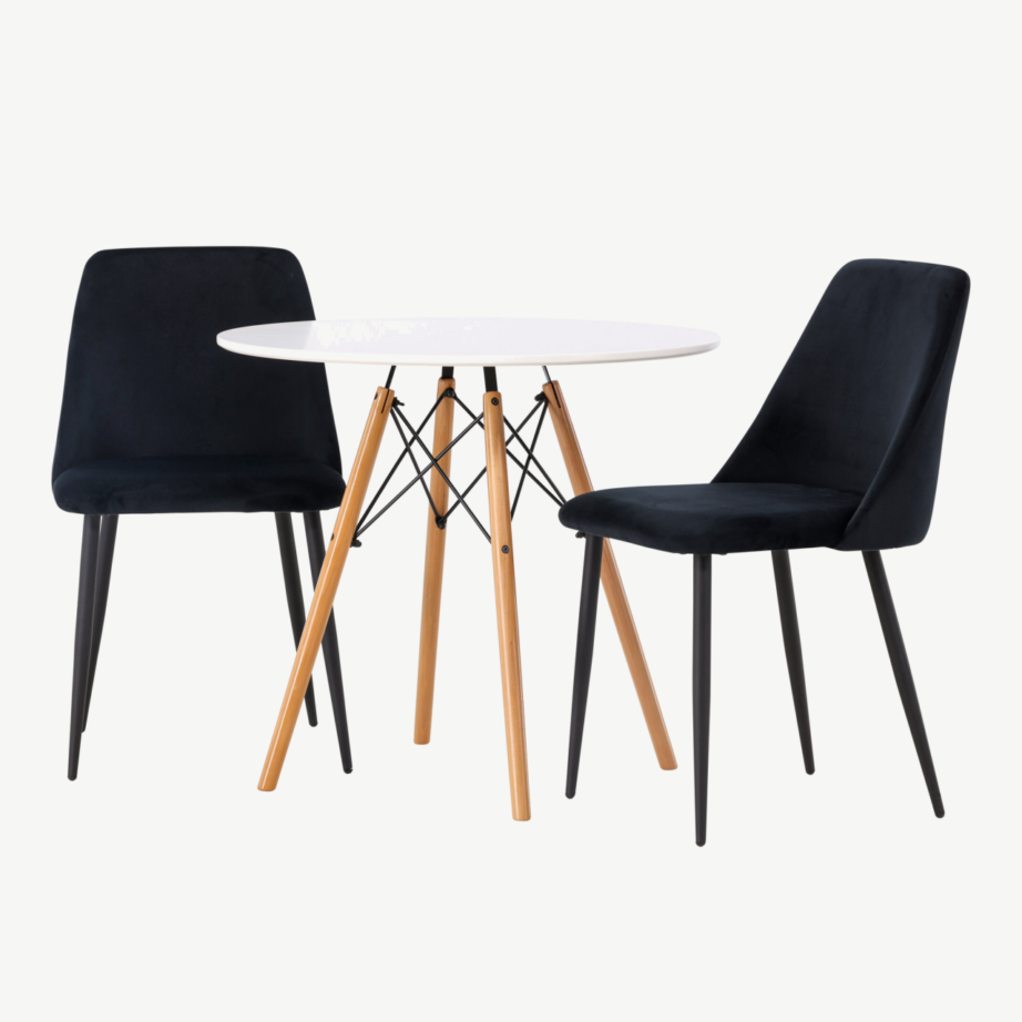 Ümmargune valge söögilaud Danburi ja must samettool Night (⌀60 cm), GR23908