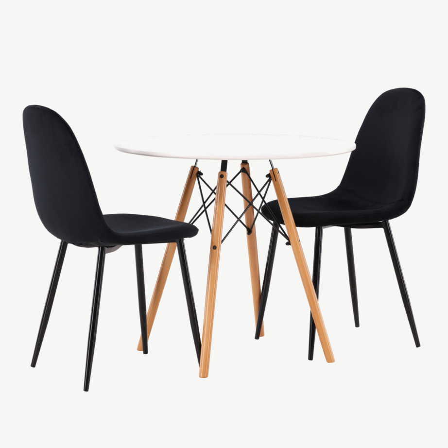 Ümmargune valge söögilaud Danburi ja musta velvetkattega toolid kahele, GR22916 – 4