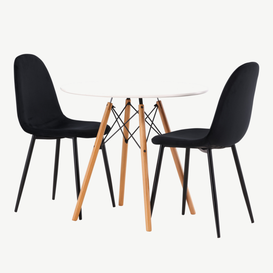 Ümmargune valge söögilaud Danburi ja musta velvetkattega toolid kahele, GR22916 – 5