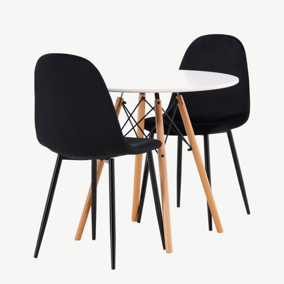 Ümmargune valge söögilaud Danburi ja musta velvetkattega toolid kahele, GR22916 – 7