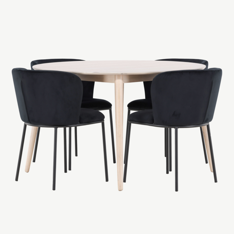 Ümmargune valge söögilaud toolidega: Flora laud (⌀120 cm) ja 4 musta sametkattega Edina tooli, GR24719