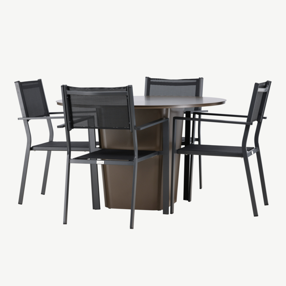 Ümmargune välimööbli söögikomplekt Santa Fe (alumiinium, pruun laud, 4 musta tooli), GR24342 – 4