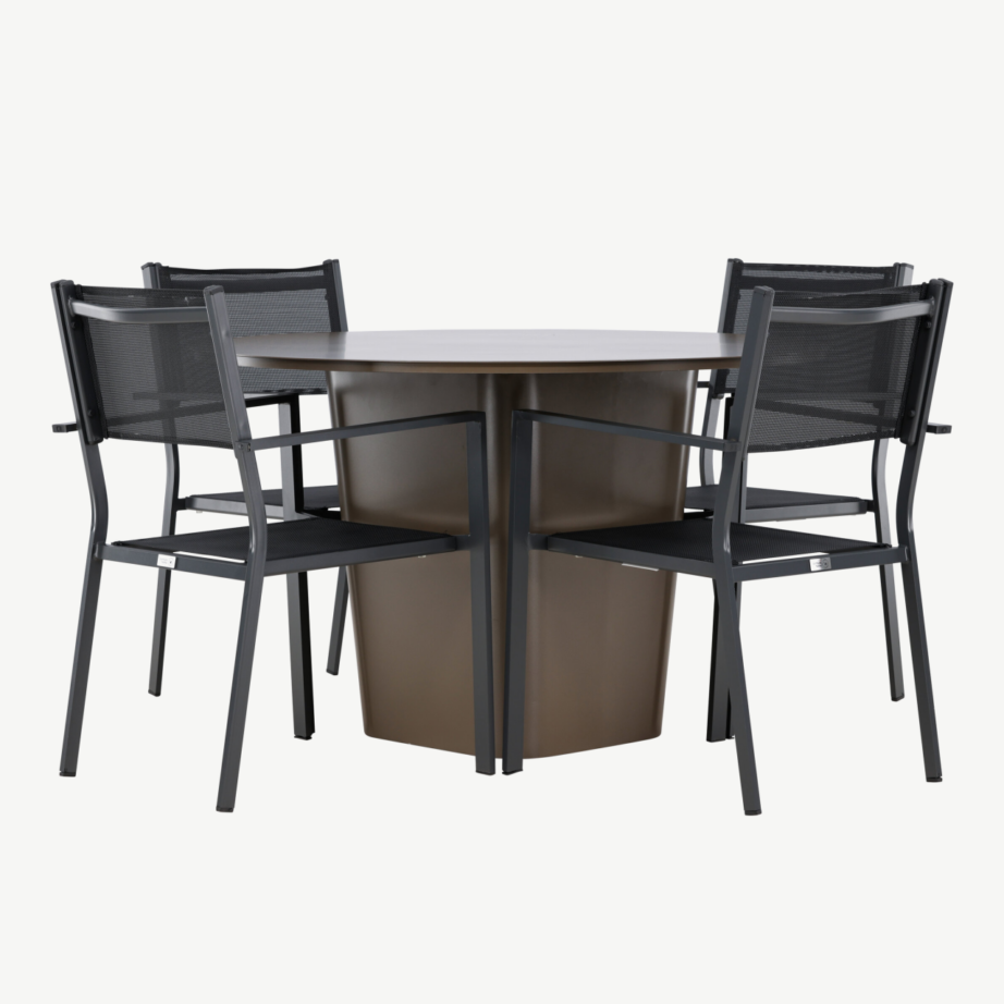 Ümmargune välimööbli söögikomplekt Santa Fe (alumiinium, pruun laud, 4 musta tooli), GR24342 – 7