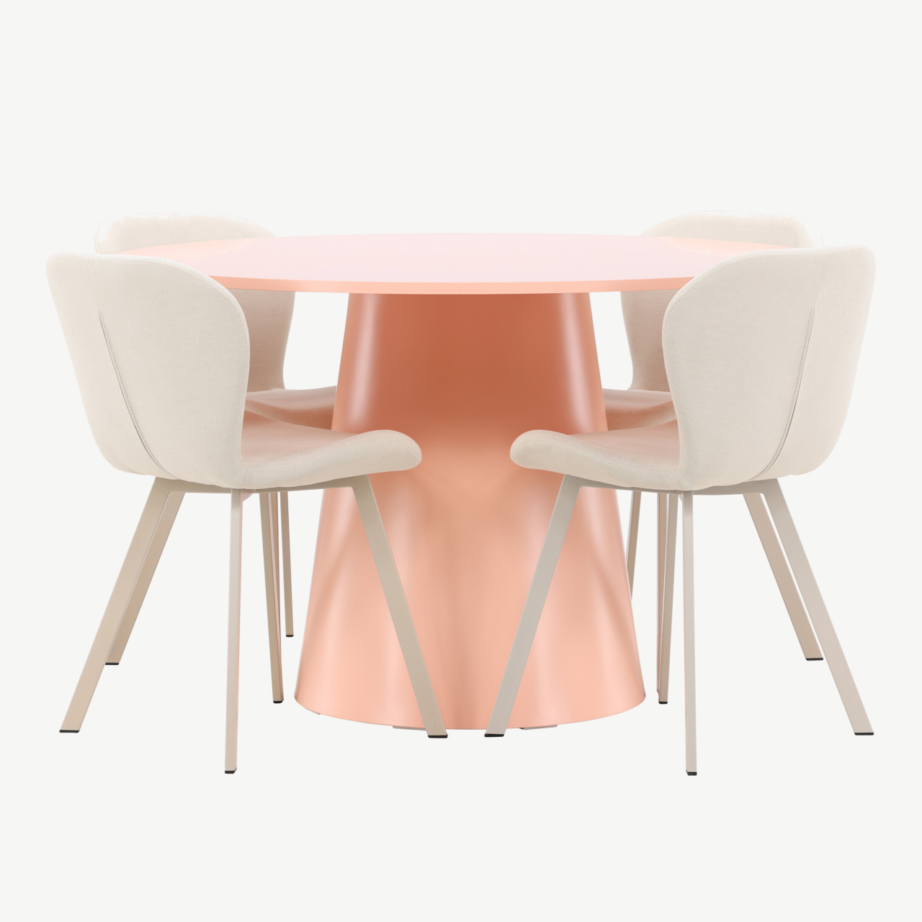 Ümmargune virsikutoonis söögilauakomplekt Lanzo 120 cm ja 4 beeži Lilja polsterdatud tooli, GR24700