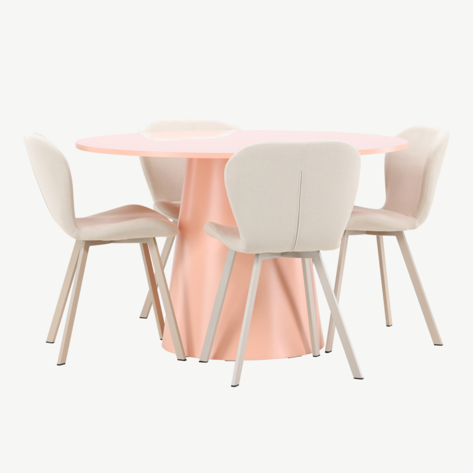 Ümmargune virsikutoonis söögilauakomplekt Lanzo 120 cm ja 4 beeži Lilja polsterdatud tooli, GR24700 – 2