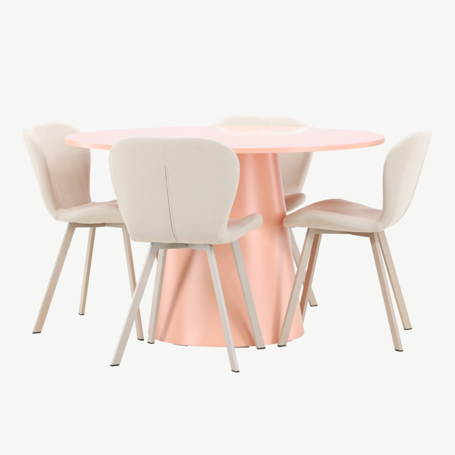 Ümmargune virsikutoonis söögilauakomplekt Lanzo 120 cm ja 4 beeži Lilja polsterdatud tooli, GR24700 – 3