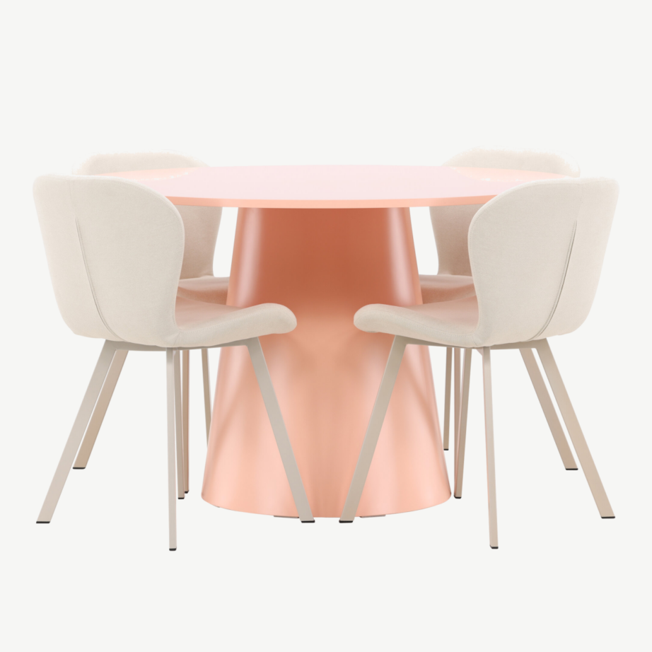 Ümmargune virsikutoonis söögilauakomplekt Lanzo 120 cm ja 4 beeži Lilja polsterdatud tooli, GR24700 – 4