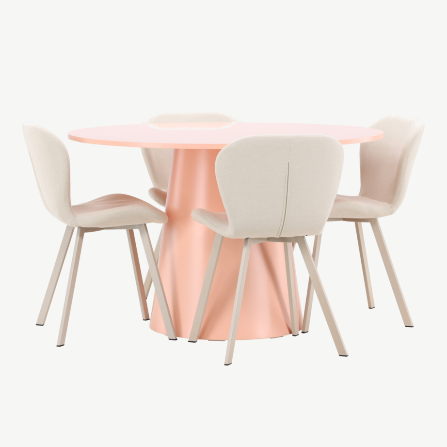 Ümmargune virsikutoonis söögilauakomplekt Lanzo 120 cm ja 4 beeži Lilja polsterdatud tooli, GR24700 – 5