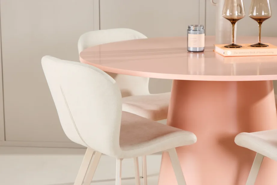 Ümmargune virsikutoonis söögilauakomplekt Lanzo 120 cm ja 4 beeži Lilja polsterdatud tooli, GR24700 – 9