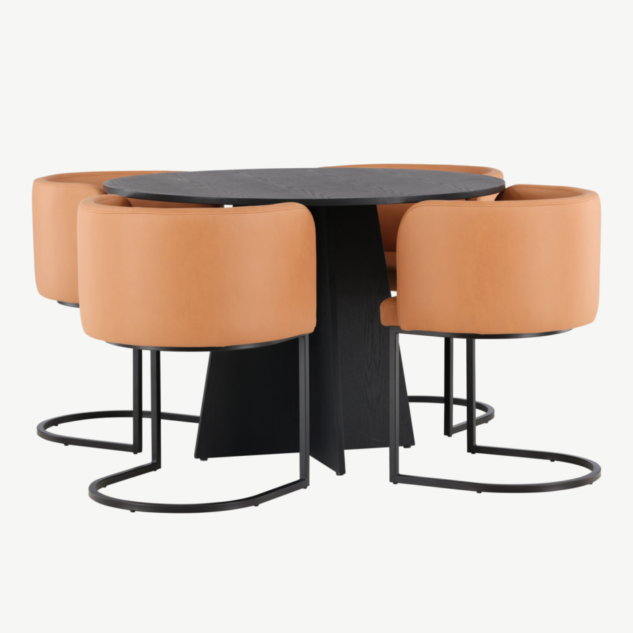Ümmarguse musta MDF lauaga söögikomplekt Bootcut ja pruunid polsterdatud toolid Simrishamn, GR23793 – 3