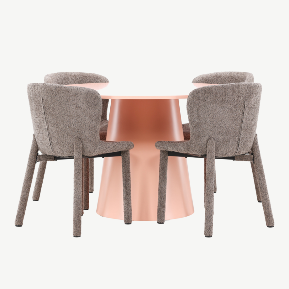 Ümmargune söögilauakomplekt Lanzo laua (⌀120 cm, virsikukarva) ja nelja pruuni bukleekattega Astoria tooliga, GR24698