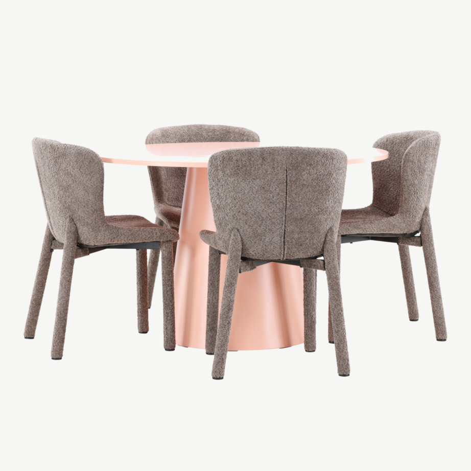 Ümmargune söögilauakomplekt Lanzo laua (⌀120 cm, virsikukarva) ja nelja pruuni bukleekattega Astoria tooliga, GR24698 – 2