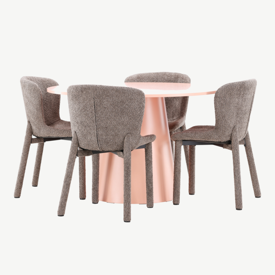 Ümmargune söögilauakomplekt Lanzo laua (⌀120 cm, virsikukarva) ja nelja pruuni bukleekattega Astoria tooliga, GR24698 – 3