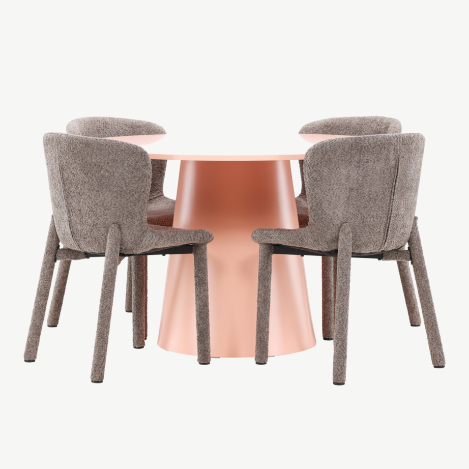 Ümmargune söögilauakomplekt Lanzo laua (⌀120 cm, virsikukarva) ja nelja pruuni bukleekattega Astoria tooliga, GR24698 – 4