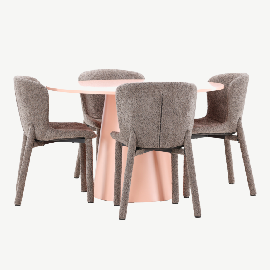 Ümmargune söögilauakomplekt Lanzo laua (⌀120 cm, virsikukarva) ja nelja pruuni bukleekattega Astoria tooliga, GR24698 – 5