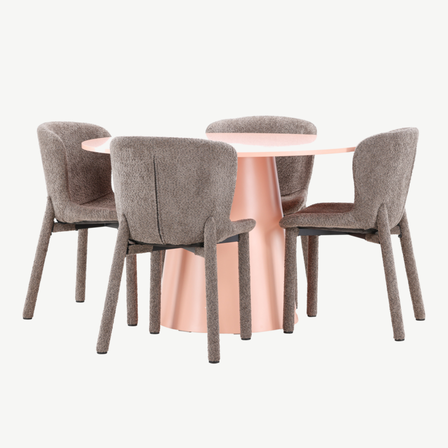 Ümmargune söögilauakomplekt Lanzo laua (⌀120 cm, virsikukarva) ja nelja pruuni bukleekattega Astoria tooliga, GR24698 – 6