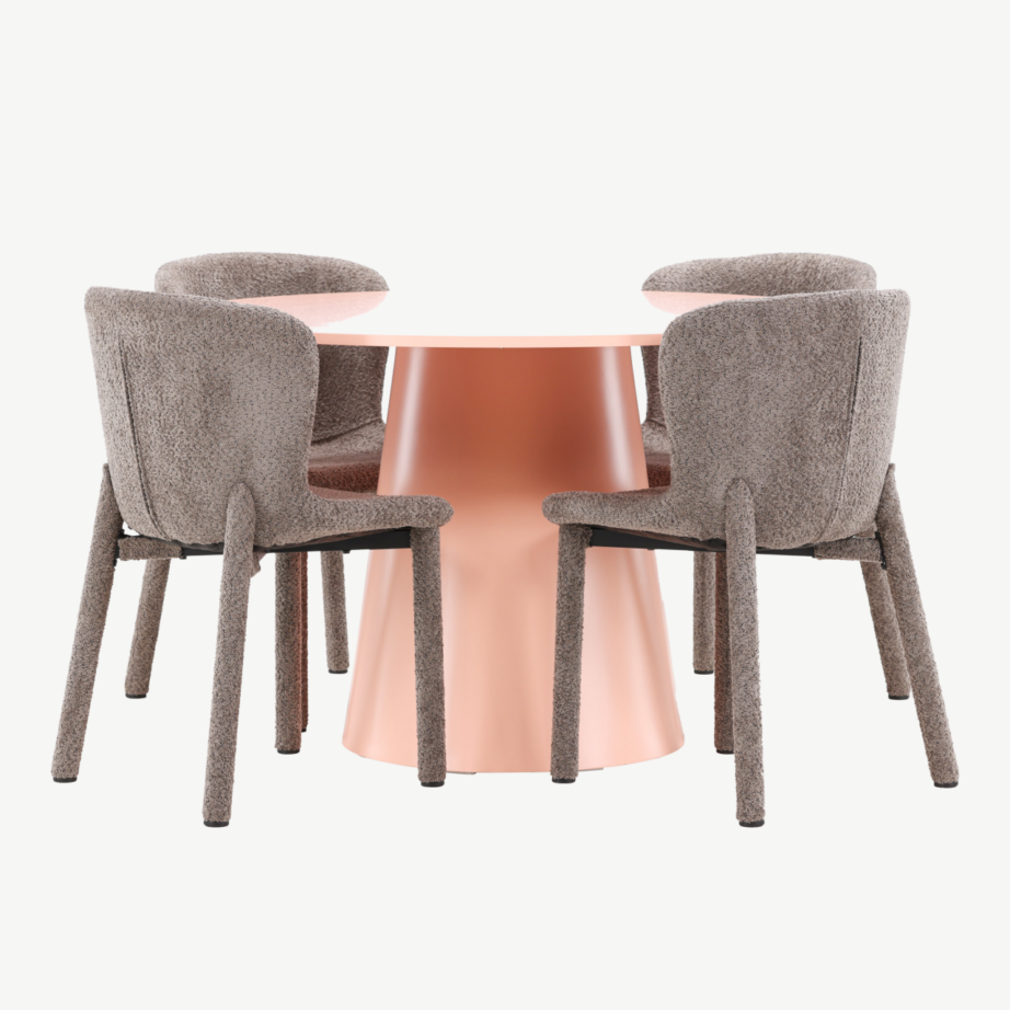 Ümmargune söögilauakomplekt Lanzo laua (⌀120 cm, virsikukarva) ja nelja pruuni bukleekattega Astoria tooliga, GR24698 – 7