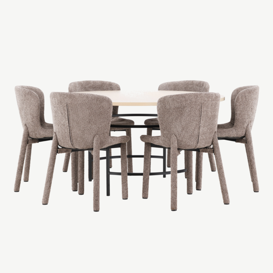 Ümmarguse söögilauakomplekti komplekt: valge peitsiga laud ø140 cm ja 6 pruuni buklee-kattega tooli (Copenhagen & Astoria), GR24757 – 2