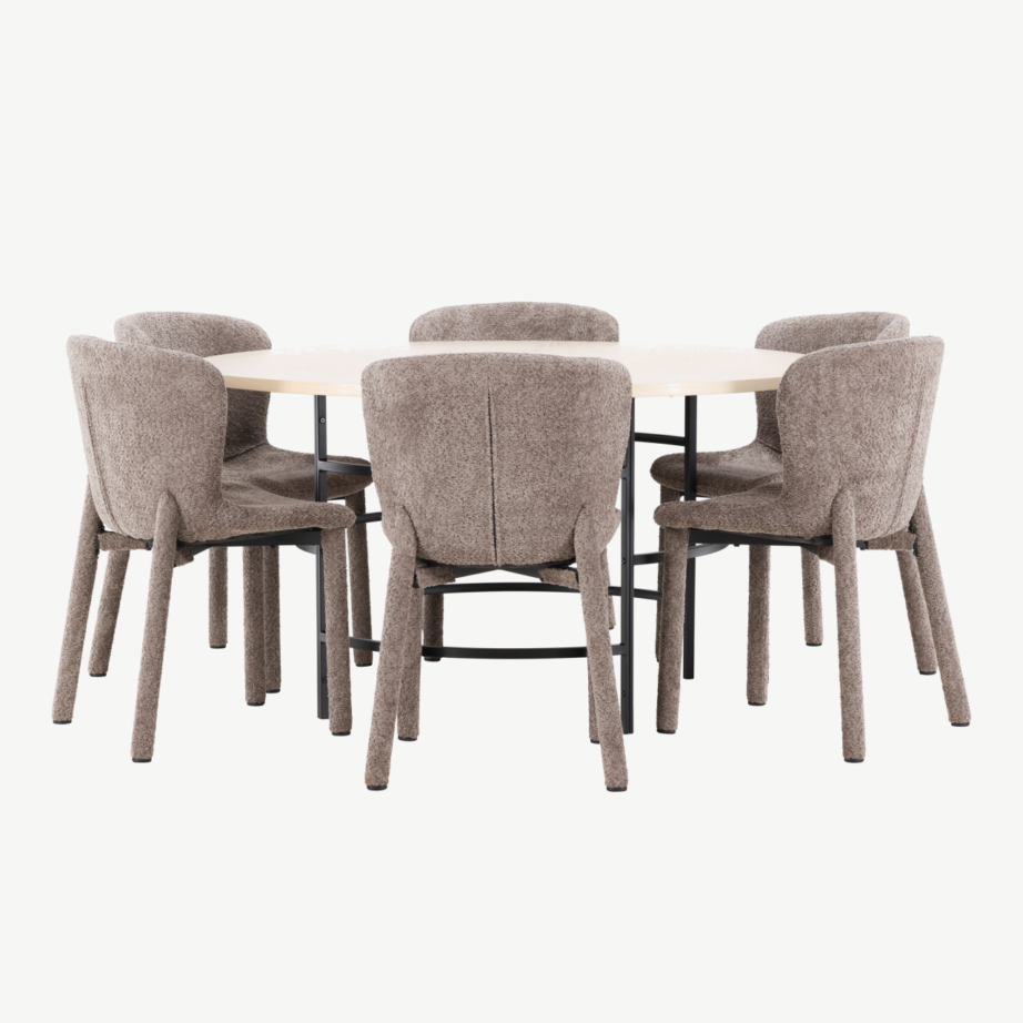 Ümmarguse söögilauakomplekti komplekt: valge peitsiga laud ø140 cm ja 6 pruuni buklee-kattega tooli (Copenhagen & Astoria), GR24757 – 3