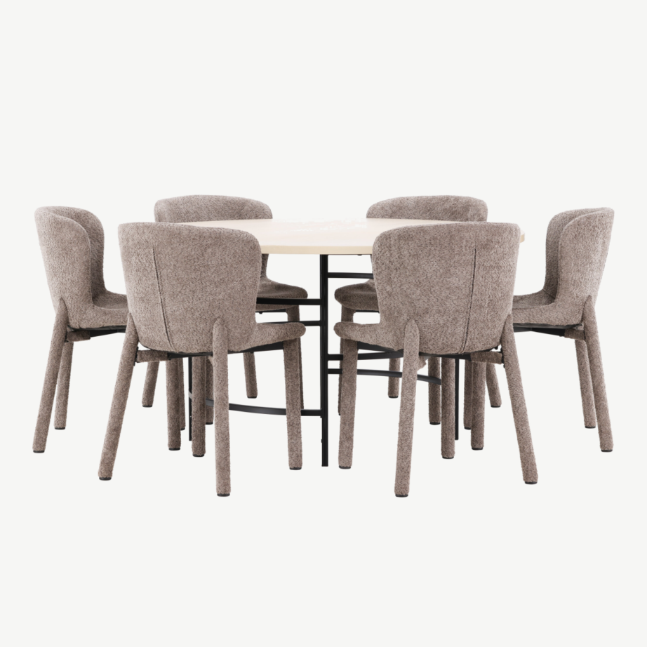 Ümmarguse söögilauakomplekti komplekt: valge peitsiga laud ø140 cm ja 6 pruuni buklee-kattega tooli (Copenhagen & Astoria), GR24757 – 4