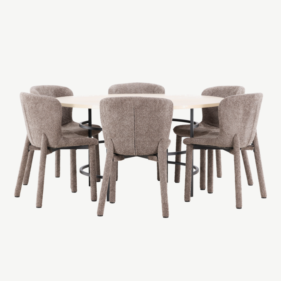 Ümmarguse söögilauakomplekti komplekt: valge peitsiga laud ø140 cm ja 6 pruuni buklee-kattega tooli (Copenhagen & Astoria), GR24757 – 5