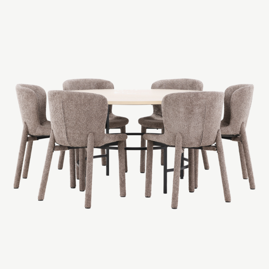 Ümmarguse söögilauakomplekti komplekt: valge peitsiga laud ø140 cm ja 6 pruuni buklee-kattega tooli (Copenhagen & Astoria), GR24757 – 6