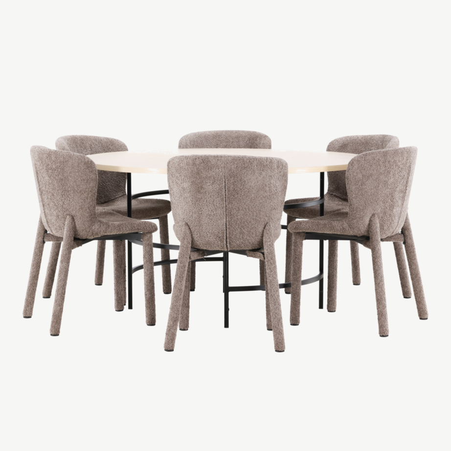 Ümmarguse söögilauakomplekti komplekt: valge peitsiga laud ø140 cm ja 6 pruuni buklee-kattega tooli (Copenhagen & Astoria), GR24757 – 7