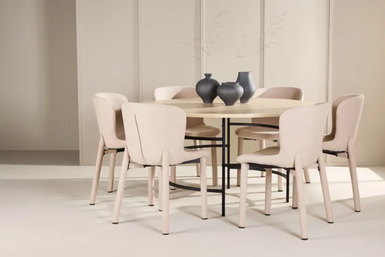 Ümmarguse valge söögilaua komplekt Copenhagen Ø140 cm ja 6 beeži buklee-kattega Astoria tooli - GR24758