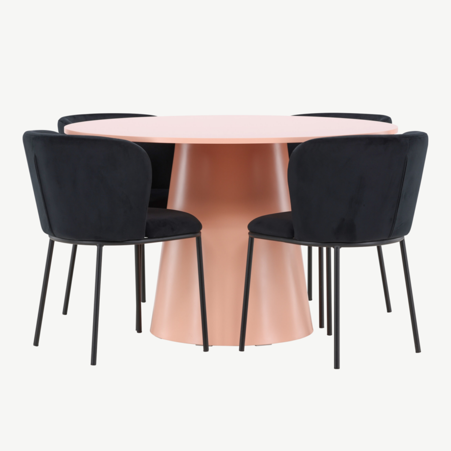 Ümmarguse virsikutooni söögilaua ja musta sametkattega toolide komplekt Lanzo & Edina (laud ⌀120 cm, 4 tooli), GR24695