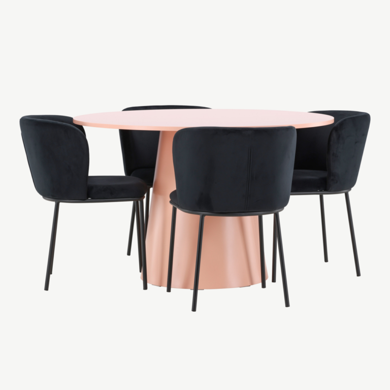Ümmarguse virsikutooni söögilaua ja musta sametkattega toolide komplekt Lanzo & Edina (laud ⌀120 cm, 4 tooli) - GR24695