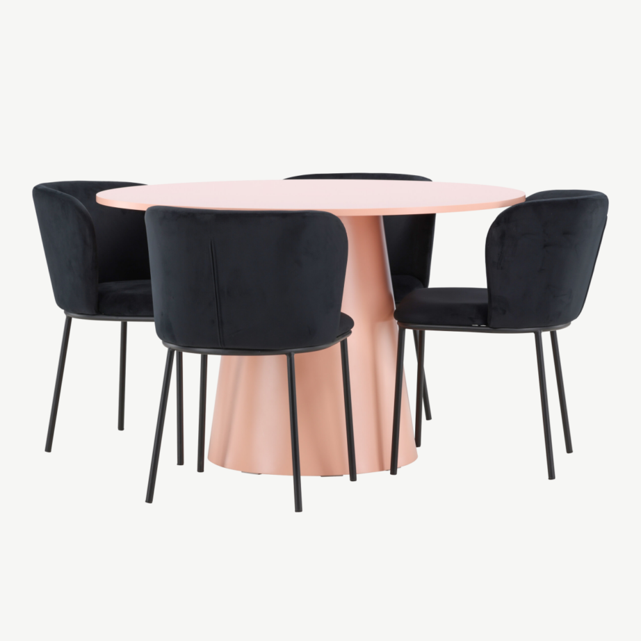 Ümmarguse virsikutooni söögilaua ja musta sametkattega toolide komplekt Lanzo & Edina (laud ⌀120 cm, 4 tooli), GR24695 – 3