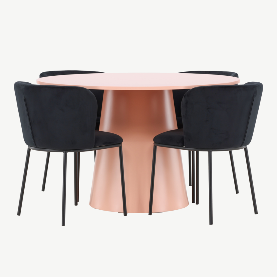 Ümmarguse virsikutooni söögilaua ja musta sametkattega toolide komplekt Lanzo & Edina (laud ⌀120 cm, 4 tooli), GR24695 – 4