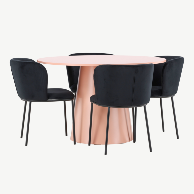 Ümmarguse virsikutooni söögilaua ja musta sametkattega toolide komplekt Lanzo & Edina (laud ⌀120 cm, 4 tooli) - GR24695