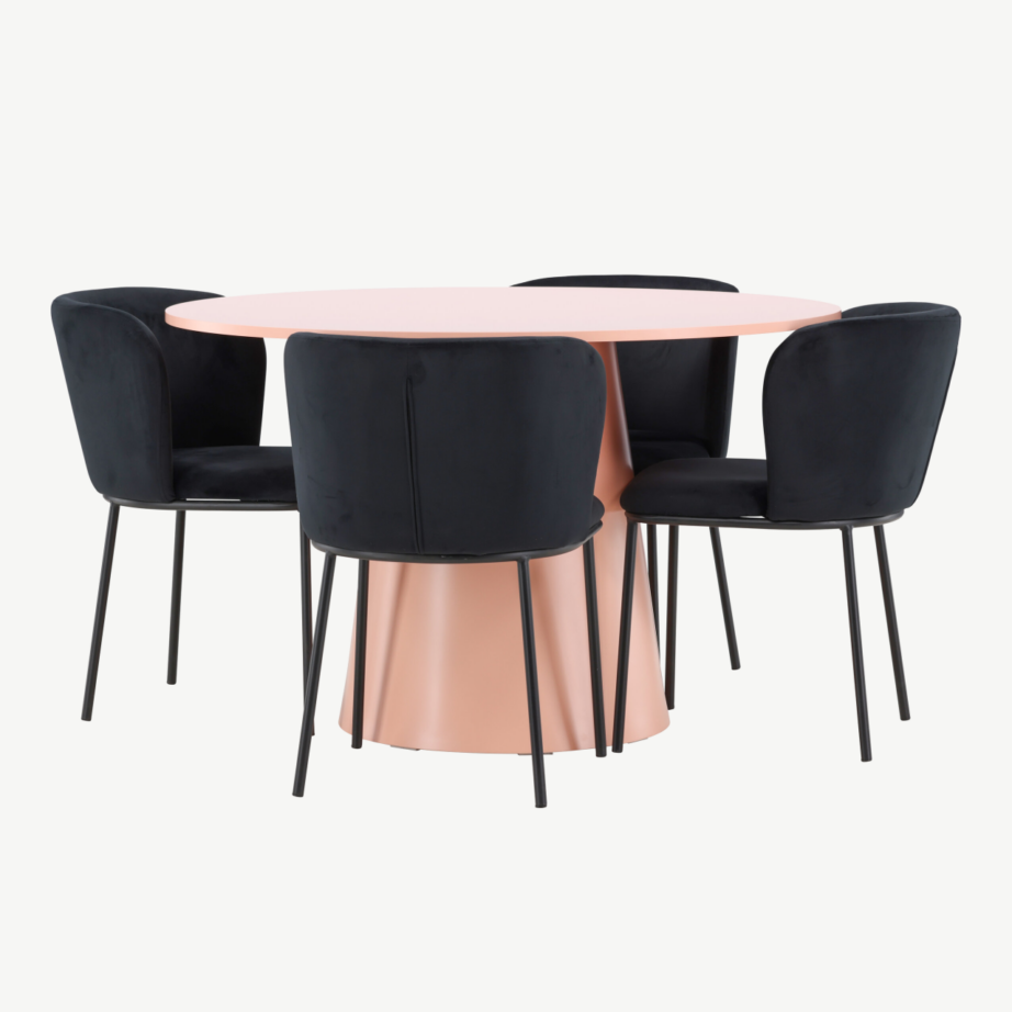 Ümmarguse virsikutooni söögilaua ja musta sametkattega toolide komplekt Lanzo & Edina (laud ⌀120 cm, 4 tooli), GR24695 – 6