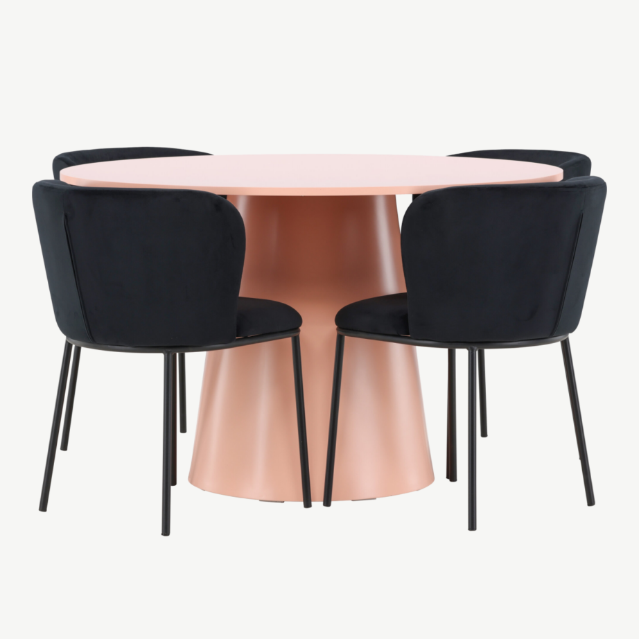 Ümmarguse virsikutooni söögilaua ja musta sametkattega toolide komplekt Lanzo & Edina (laud ⌀120 cm, 4 tooli), GR24695 – 7