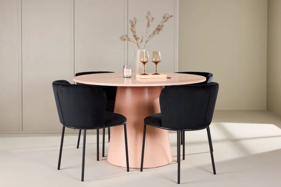 Ümmarguse virsikutooni söögilaua ja musta sametkattega toolide komplekt Lanzo & Edina (laud ⌀120 cm, 4 tooli), GR24695 – 8